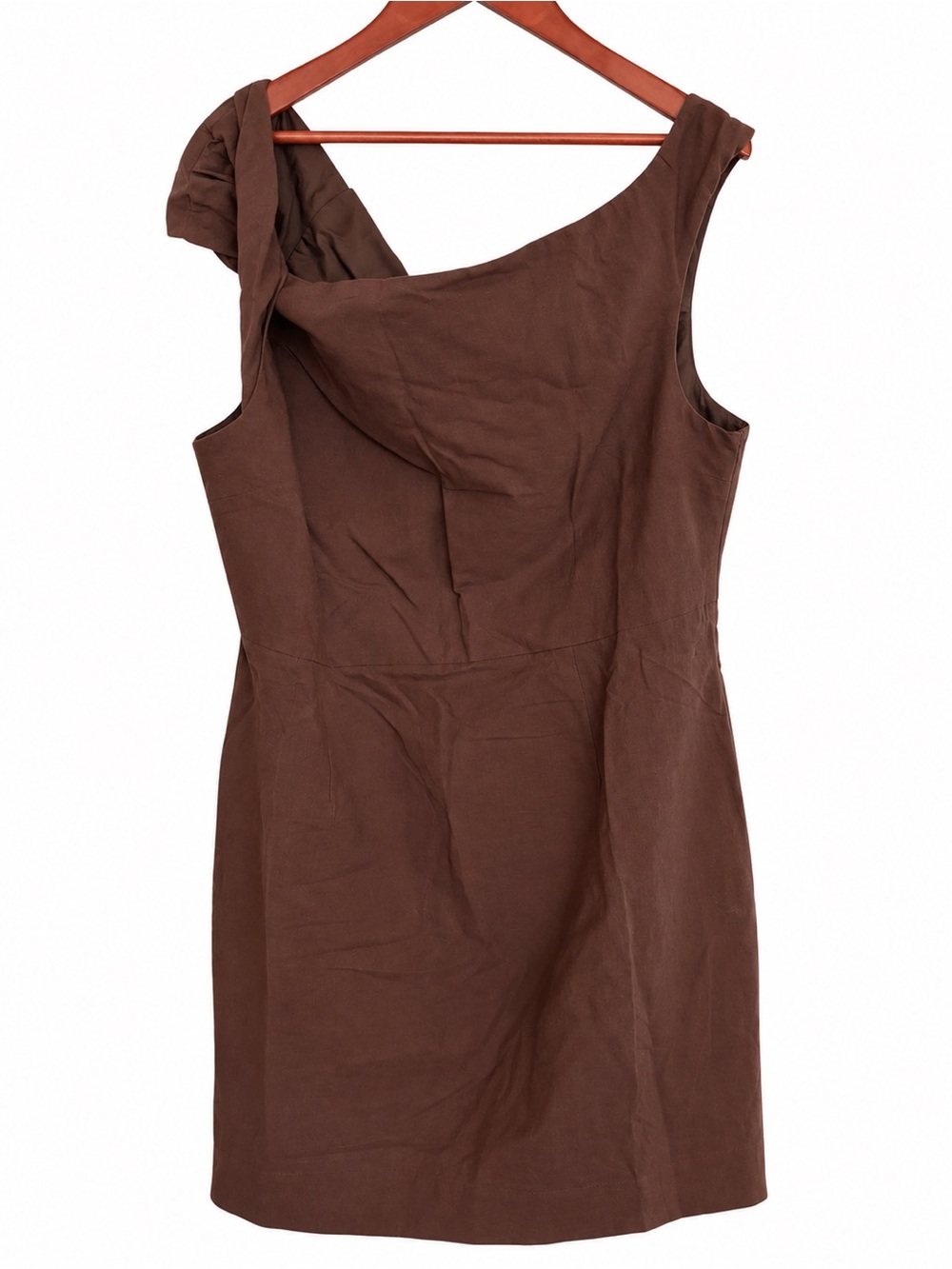 Anthropologie Twisted One Shoulder Linen Blend Mini Dress Brown 1X NWT